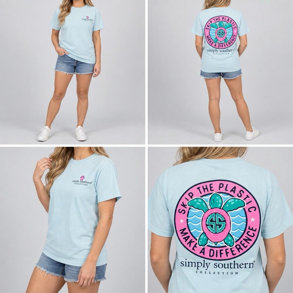 Simply Southern Women’s Small Blue Turtle Skip The Plastic Graphic T-Shirt